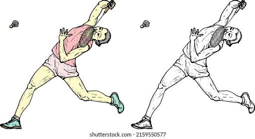 Female badminton player stretch to smash a shuttlecock, isolated against white. Hand drawn vector illustration.