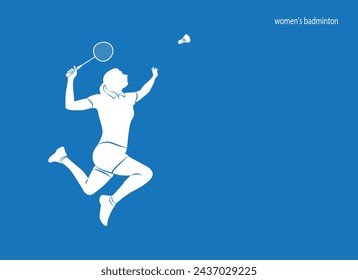 Female badminton player vector on white blue background. Female badminton. Active sport.