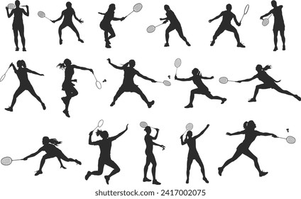 Siluetas de jugadoras de bádminton femeninas, siluetas de Badminton, clipart de jugador de Badminton, siluetas de bádminton para chicas.
