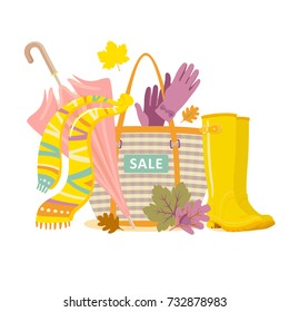 Female bag with accessories and sign "SALE". Vector set of autumn isolated design elements. Can be used for vacation poster, party invitation, background, backdrop, sale promotion, print for t-shirt
