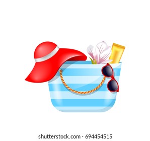 Female Bag with Beach Accessories. Set of Summer Design Elements - Illustration Vector