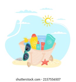 Female bag with beach accessories sun cream, sunglasses. Set of summer design elements. Sunburn concept. Vector illustration.