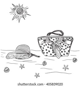female bag with beach hat vector illustration, sketch 