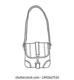 Female bag. Black and white fashion illustration for coloring books and pages.