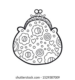 Female bag. Black and white fashion illustration for coloring books and pages.