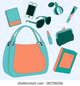 female bag with its contents: sunglasses, perfume, notebook, purse, lipstick, lip gloss, phone book