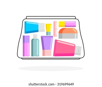 Female bag with cosmetics. Womens handbag with creams and lipstick. Cosmetic accessories and personal belongings. Vector illustration