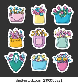 Female bag with flowers, leaves and branches. Sticker Bookmark. Fresh bouquet. Spring mood. Hand drawn style. Vector drawing. Collection of design elements.