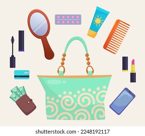 Female bag and personal items vector illustrations set. Cartoon drawings of handbag and different objects for women, make-up, phone, money on white background. Accessories, makeup concept