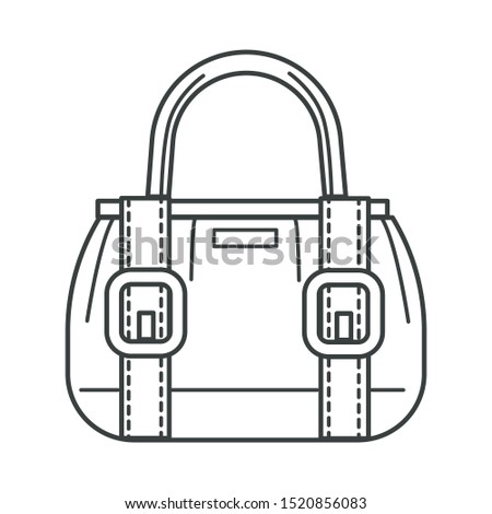 Female bag with stripes and clasps linear icon vector. Isolated colorless handbag with handle and pockets for personal belongings. Accessory of women, mobile middle-sized item for carrying objects