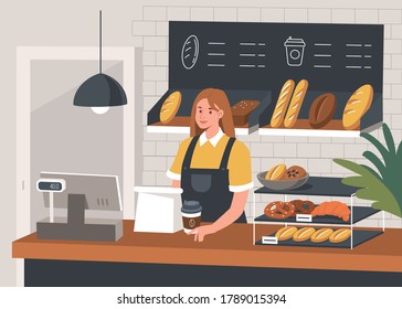 Female Baker in Bakery Shop Standing at Cashier Desk, Holding Coffee and Bread. Near her Shelves full of Breads, Baguettes and Various Bakery Products.  Flat Cartoon Vector Illustration.