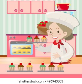 Female baker baking in kitchen illustration