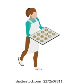 Female baker carrying tray with fresh buns 3d isometric vector illustration
