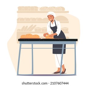 Female Baker Character Kneading Dough On Table For Baking Bread. Worker On Modern Confectionery Manufacture Or Bakehouse. Bakery Factory And Food Production Concept. Cartoon Flat Vector Illustration