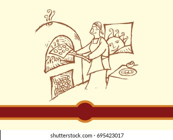 A Female Baker Cooks Fresh Bread In A Brick Oven On A New Day. Editable Clip Art.