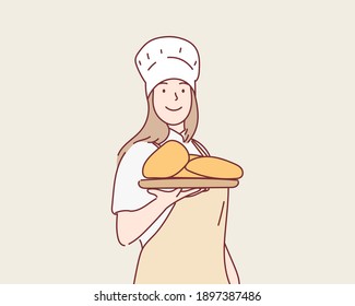 Female baker holding a table with several breads smiling a lot. Hand drawn style vector design illustrations.