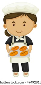 Female baker holding tray of bread illustration