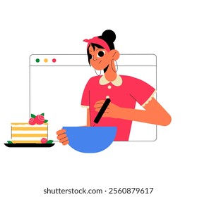 Female Baker Mixing Ingredients In A Bowl With A Cake On A Table, Flat Vector Illustration Symbolizing Baking, Culinary Skills, And Creativity, Isolated On White Background.