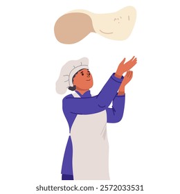 Female baker throwing pizza dough. Young cute woman in chefs costume, apron and hat standing, hand drawn vector illustration