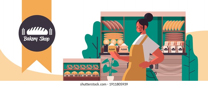 female baker in uniform selling fresh bakery products in baking shop portrait horizontal vector illustration