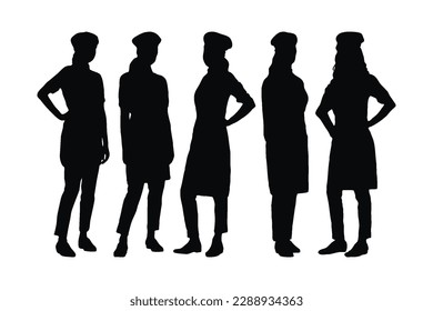 Female bakeries silhouette set standing in different positions. Girl bakery wearing uniforms silhouette vector collection. Bakery woman silhouette bundle. Female model standing silhouette vector.