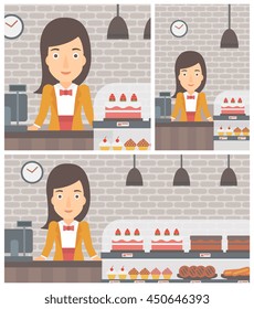 A female bakery worker offering different pastry. A bakery worker standing behind the counter with cakes at the bakery. Vector flat design illustration. Square, horizontal, vertical layouts.