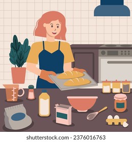 Pan de torta femenino en la ilustración de la cocina