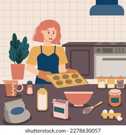 Female baking cookies at the litchen illustration. Kitchen utensils and cooking ingredients.