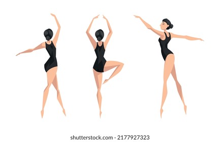Female Ballet Dancer Dancing in Black Leotard Vector Set
