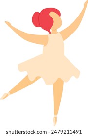 Female ballet dancer performing, red hair, beige dress, graceful pose, isolated white background. Ballerina practicing dance, elegance, ballet footwear, balance, flat style illustration. Young woman