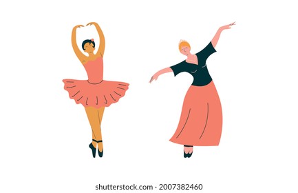 Female Ballet Dancer in Pointe Shoes Dancing Vector Set