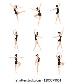Female ballet dancer set, beautifull slim ballerina dancing classical dance vector Illustration on a white background