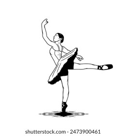female ballet dancer side view black and white vector illustration