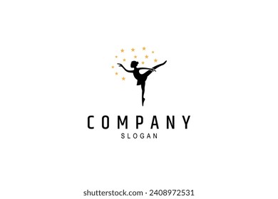 female ballet dancer silhouette logo decorated with stars in flat vector design style