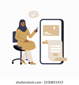 Cliente de banco femenino que utiliza el App de banca móvil para revisar las finanzas. Ilustración vectorial plana sobre banca digital, gestión financiera y transacciones seguras, aislada sobre fondo blanco.