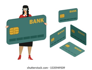 Female bank employee consultant offers banking services. Woman is credit card holder, customer of the Bank. Exaggeratedly giant Bank card. 3d credit card icons. Isolated objects. Flat cartoon vector