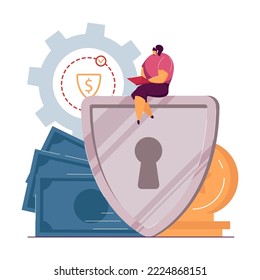 Female bank employee protecting money flat vector illustration. Money protection, financial insurance guarantee, security concept for banner