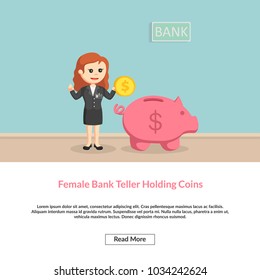 Female Bank Teller Holding Coins Information