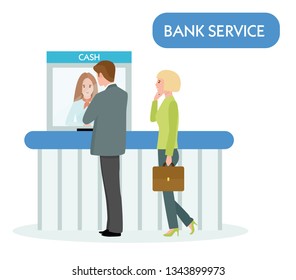 female bank teller serve business man on white background. Vector illustration in a flat cartoon style