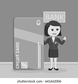 female bank teller standing beside giant credit card black and white style