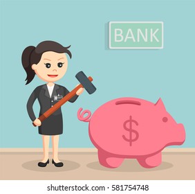 female bank teller want to break piggy bank