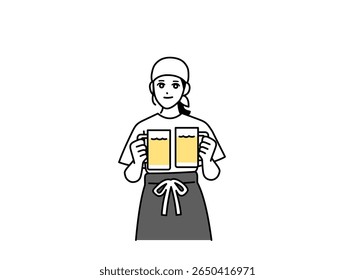 A female bar attendant holding beer in both hands