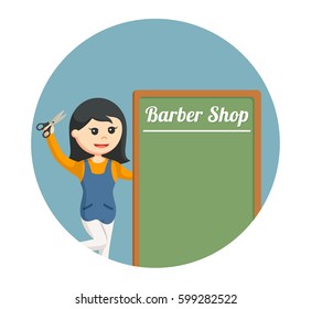 female barber shop with barber shop board in circle background