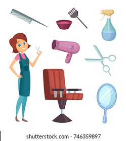 Female barber at work. Stylist with different tools for barbershop. Fashion pictures in cartoon style. Hairdresser and comb mirror scissor, armchair workplace. Vector illustration