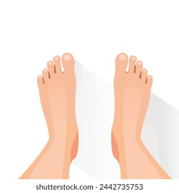 Female bare feet stand on the floor top view isolated on white background. Vector illustration