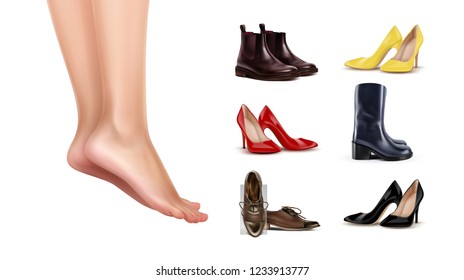 Female barefoot feet standing on finger toes and collection of different shoes and boots. Vector realistic illustration isolated on white background