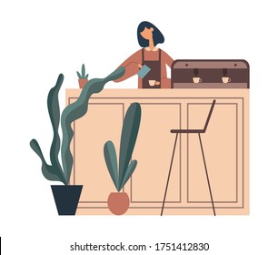 Female barista in apron pouring freshly brewed coffee into cup while standing behind counter with potted plants during work in modern coffee house