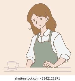 Female barista in apron standing behind counter, serving coffee at the cafe. Hand drawn flat cartoon character vector illustration.