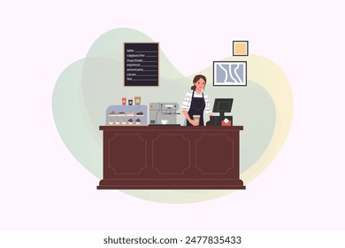 Female barista at counter in coffee shop vector illustration. Girl preparing coffee. Modern cafe interior design. Barista job, coffee concept