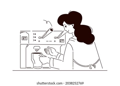 Female barista in front of coffee machine prepares order. Сappuccino time and take away concept. Woman preparing and serving types of coffee. Girl making cup of hot drink. Flat vector illustration